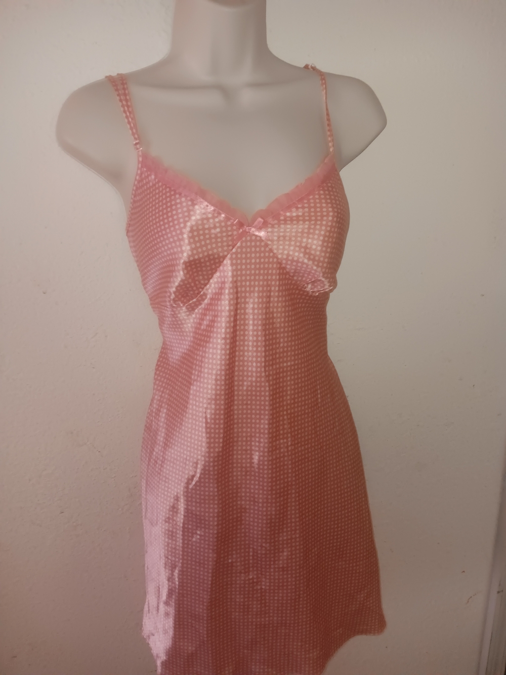 Juicy Couture Pink Satin Polka-Dot Chemise with Lace Trim